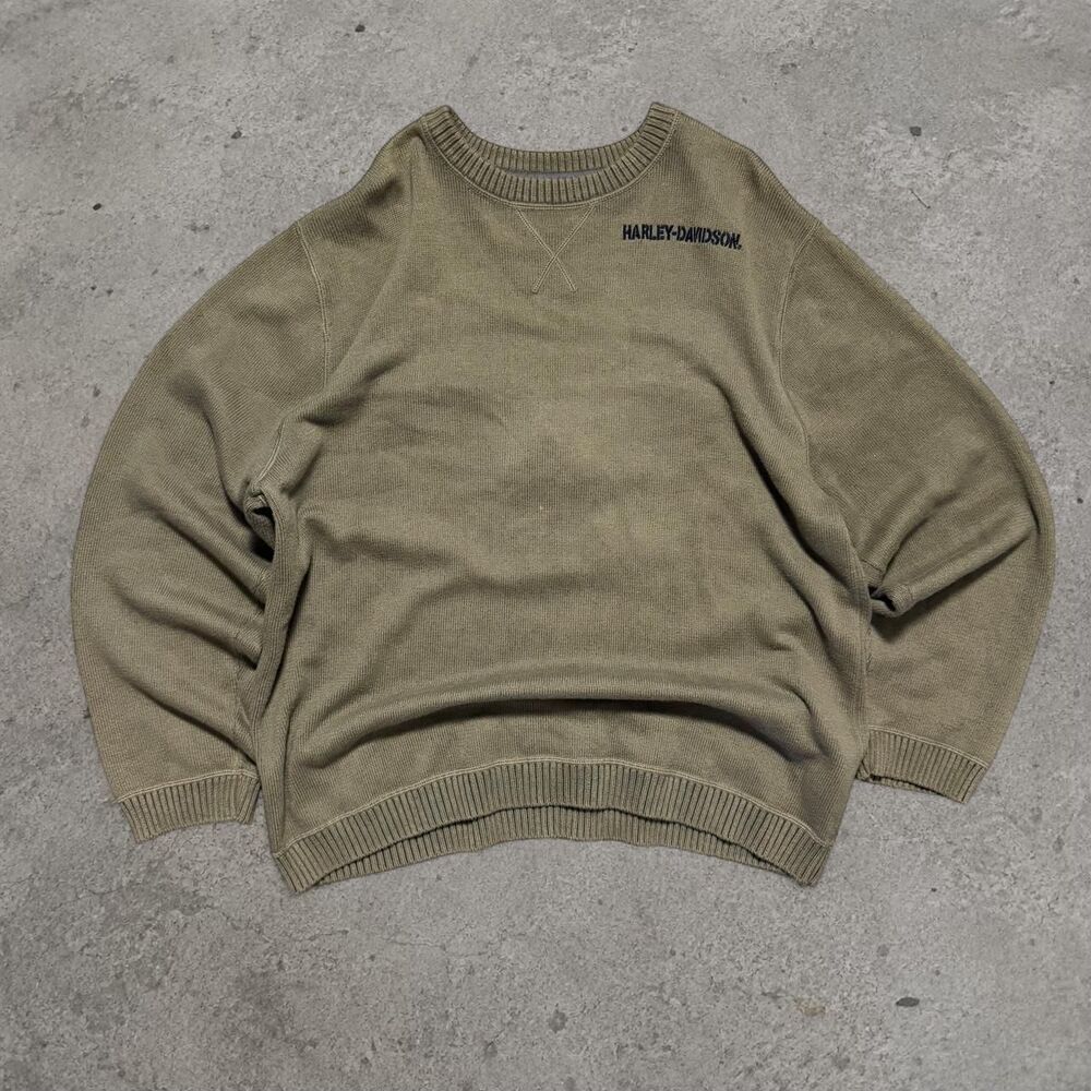 Vintage Y2K Harley Davidson Green Sweater Back Hit Embroidery Mens Size XL